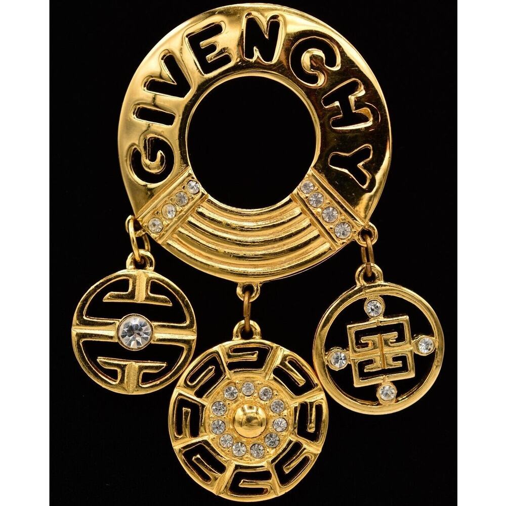 Givenchy Vintage Logo Charm Brooch Pin Dangle 4G Crystal Signed RARE 1980s BinAH